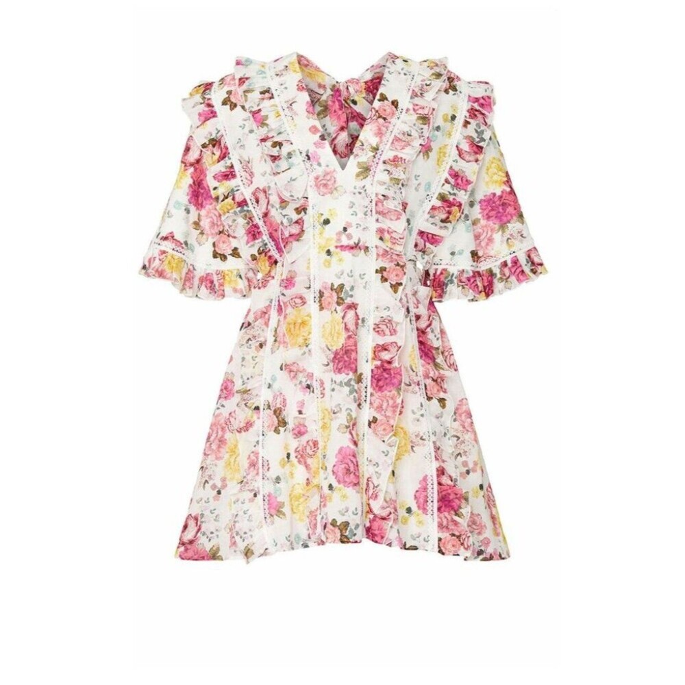 La Maison Talulah Tea Time Mini Dress Floral Linen Tiered Dainty Cottagecore M - Picture 3 of 16